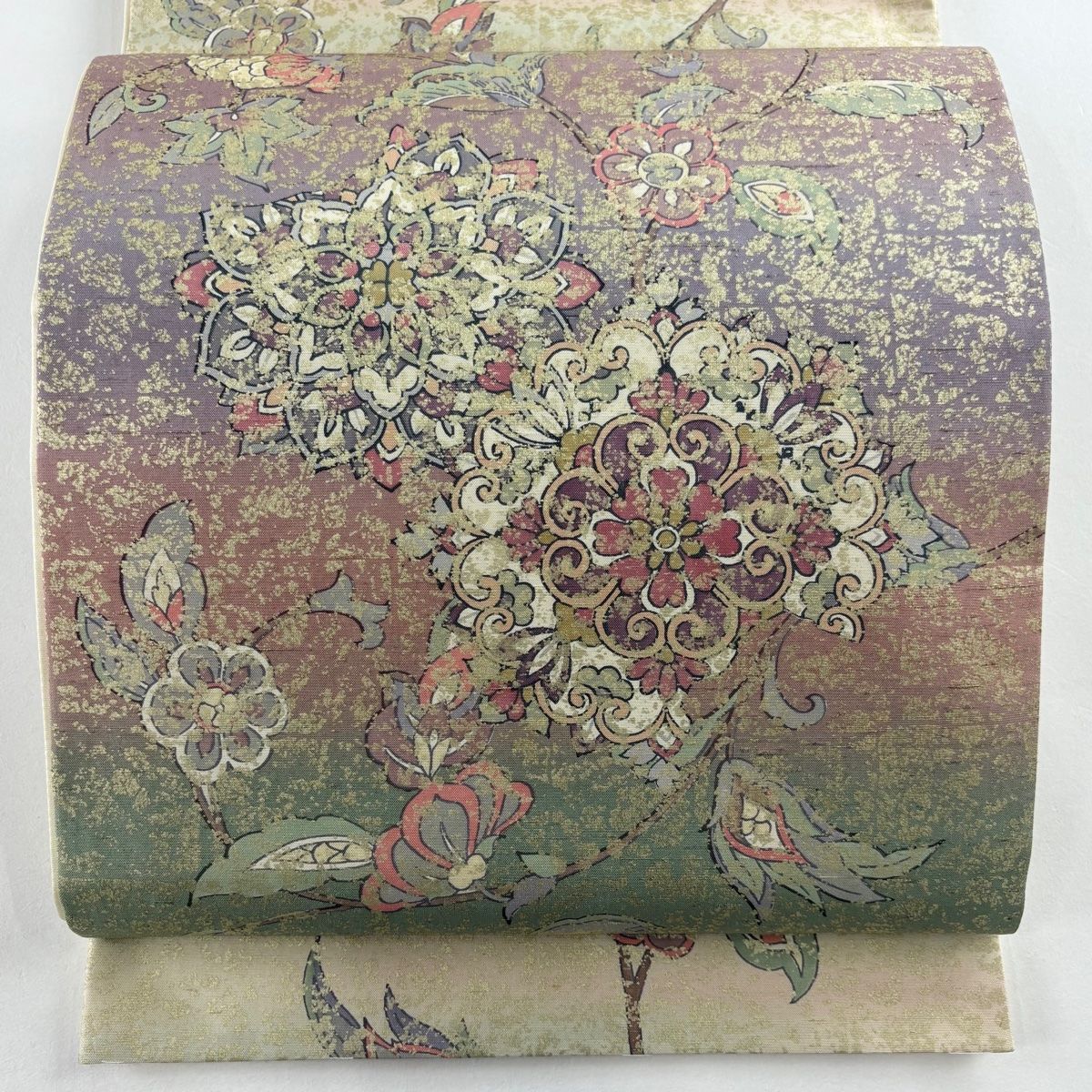 袋帯 落款 牛首紬地 華文 枝花 金彩 ベージュ お太鼓柄 正絹