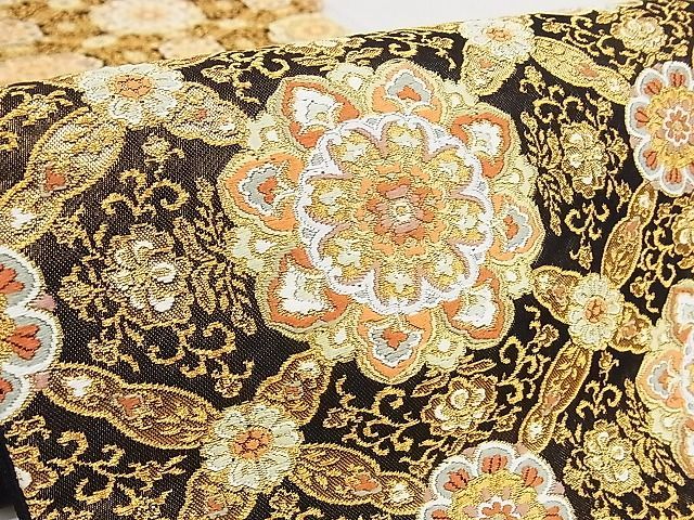 平和屋本店□極上 西陣 河合美術織物謹製 六通柄袋帯 花菱文 黒地 金