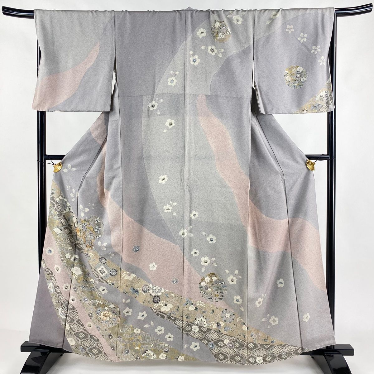 訪問着 身丈159cm 裄丈69cm L 袷 雪輪 花鳥 金糸 金彩 灰色 正絹 名品