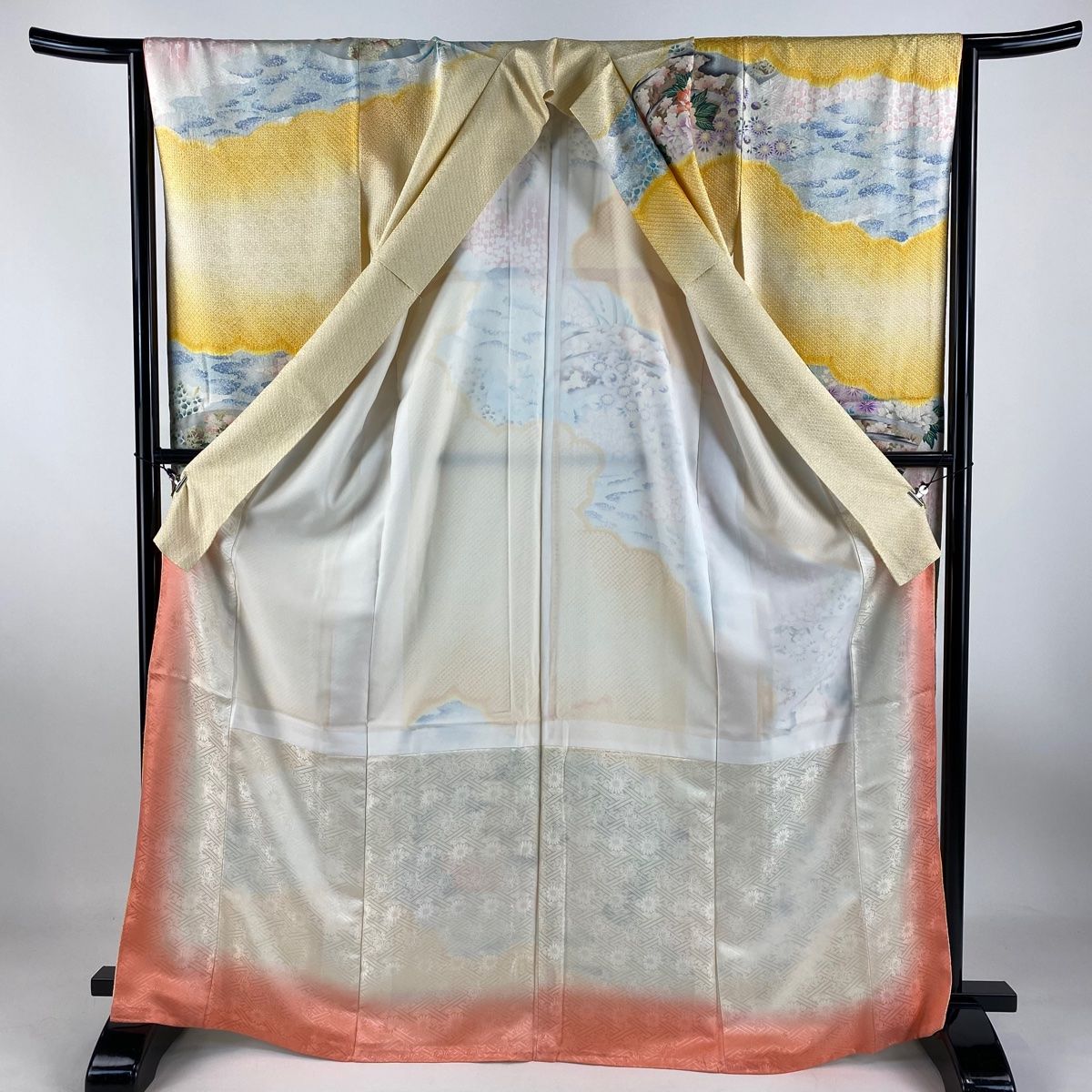 振袖 身丈168.5cm 裄丈66.5cm M 袷 扇面 牡丹 金彩 絞り 山吹色 正絹 秀品 WWW_WOWDIGSITE_COM