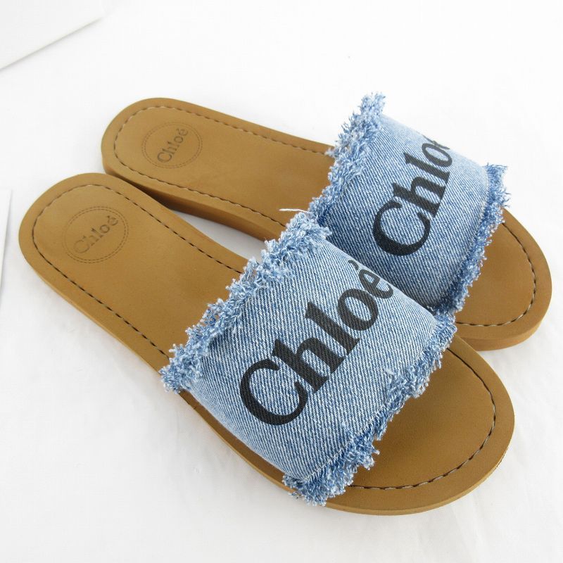 正規品新品Chloé デニムブルー サンダル 36 クロエ CHLOE サンダル フラット デニム ロゴ インディゴ ブルー 36 約