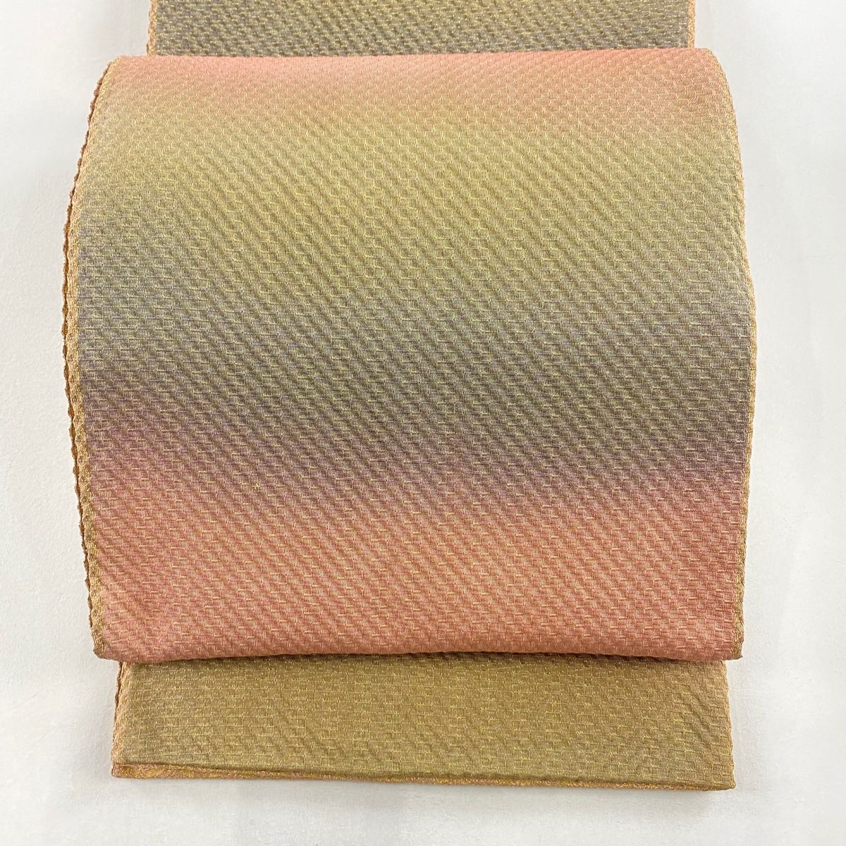 袋帯 名品 段縞 ぼかし 金糸 サーモンピンク 全通 正絹