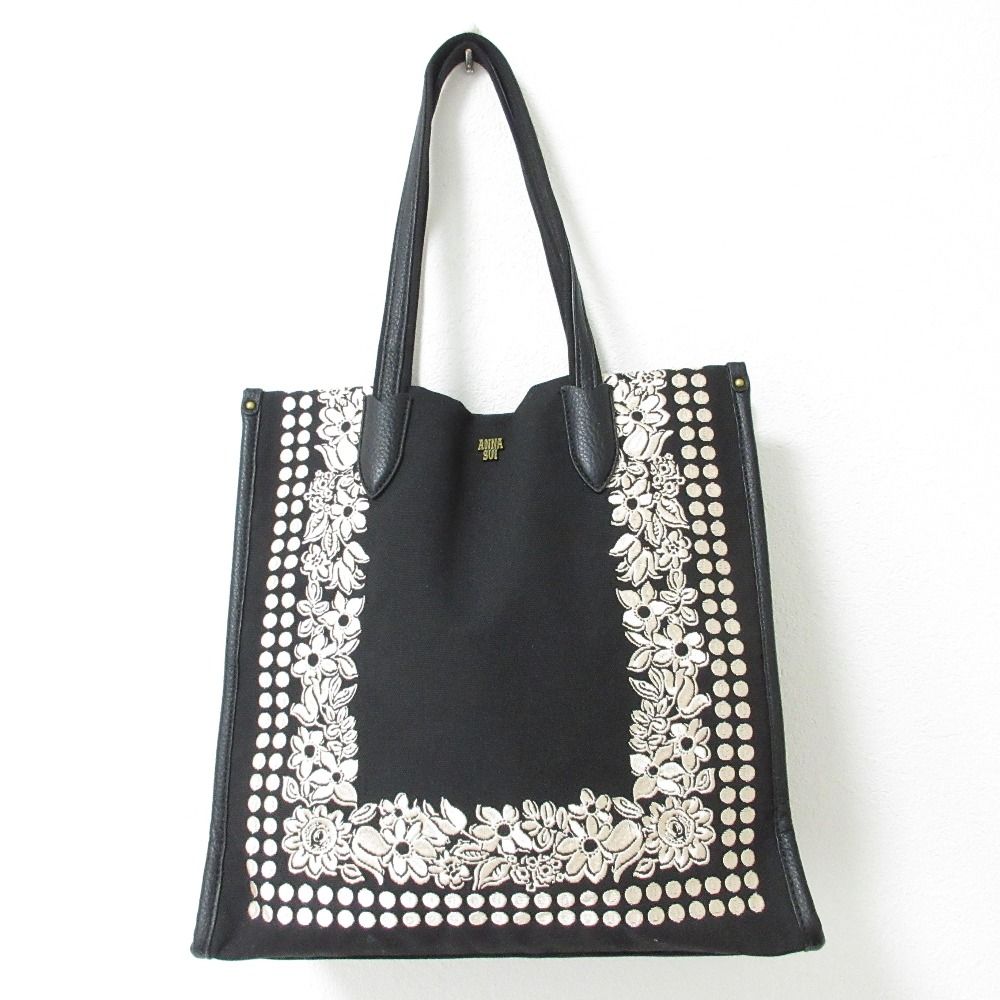美品 ANNA SUI アナスイ キャンバス レザー 刺繍 トートバッグ