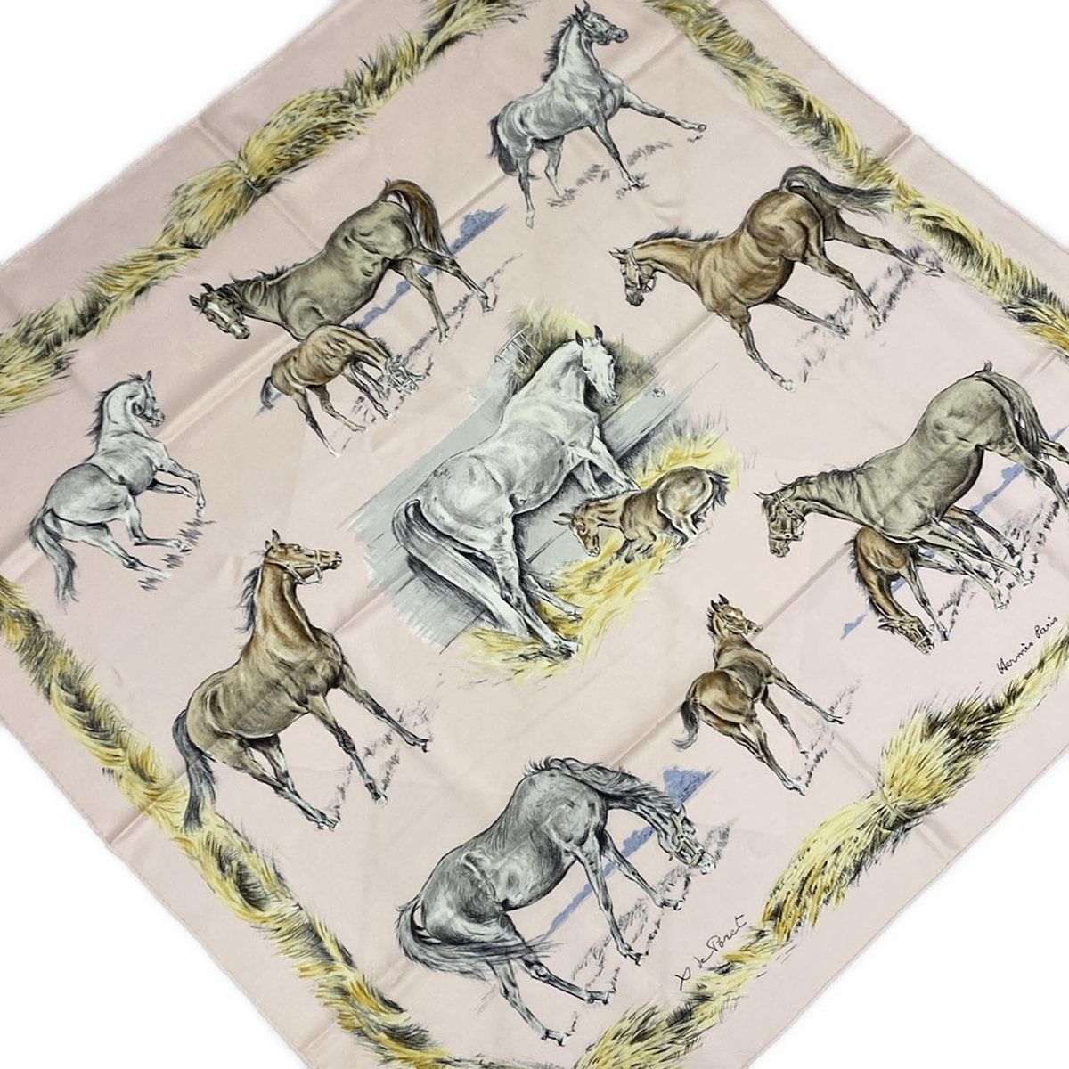 HERMES エルメス スカーフ カレ90 ライトピンク×イエロー×マルチ 馬