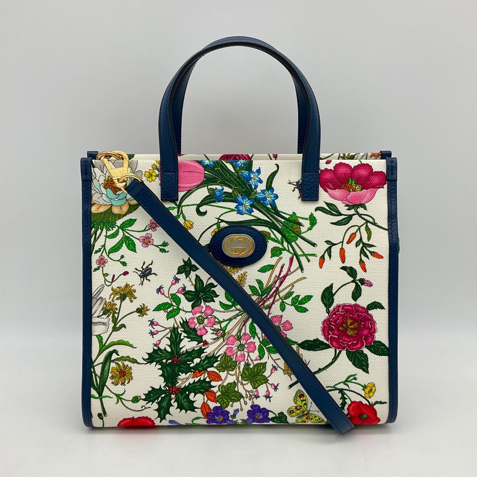 GUCCI グッチ 2WAY ハンドバッグ ショルダーバッグ キャンバス レザー オフホワイト ネイビー マルチカラー 花 ゴールド金具 550141  フローラ 【中古】Aランク 2_122 - メルカリ