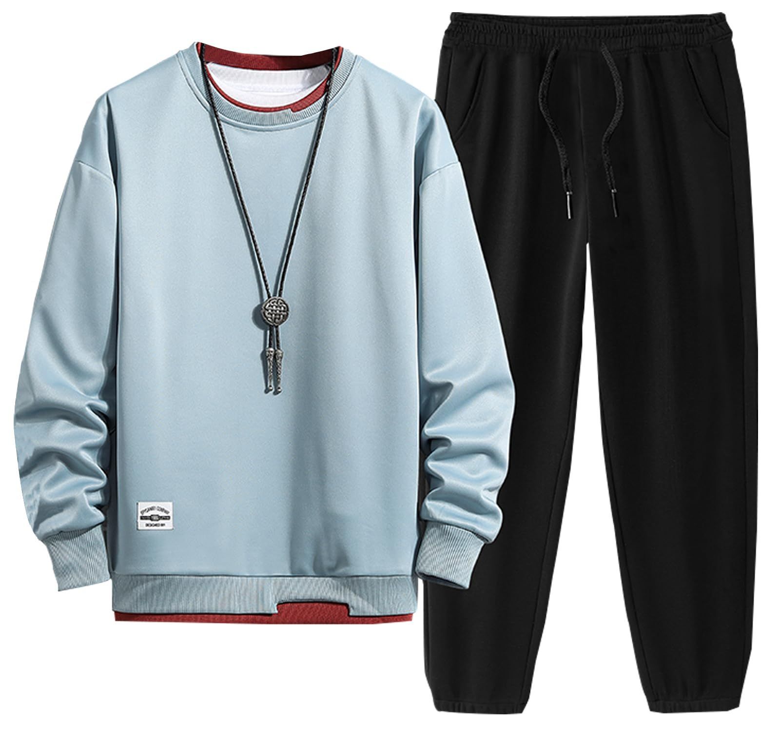 Size 4XL_Color 9157-ブルー Bligo ジャージ メンズ 上下セット 秋冬 セットアップ スウェット 大きいサイズ トレーナー 丸襟 無地 長袖 重ね着風 レイヤード ゆったり 人気 カジュアル おしゃれ オシャレ シンプル 通気 柔ら