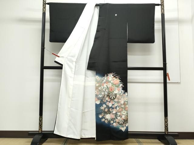 平和屋着物 京友禅の第一人者 松井青々 黒留袖 駒刺繍 花車文 暈し染め 金彩 正絹 CAAX3101th