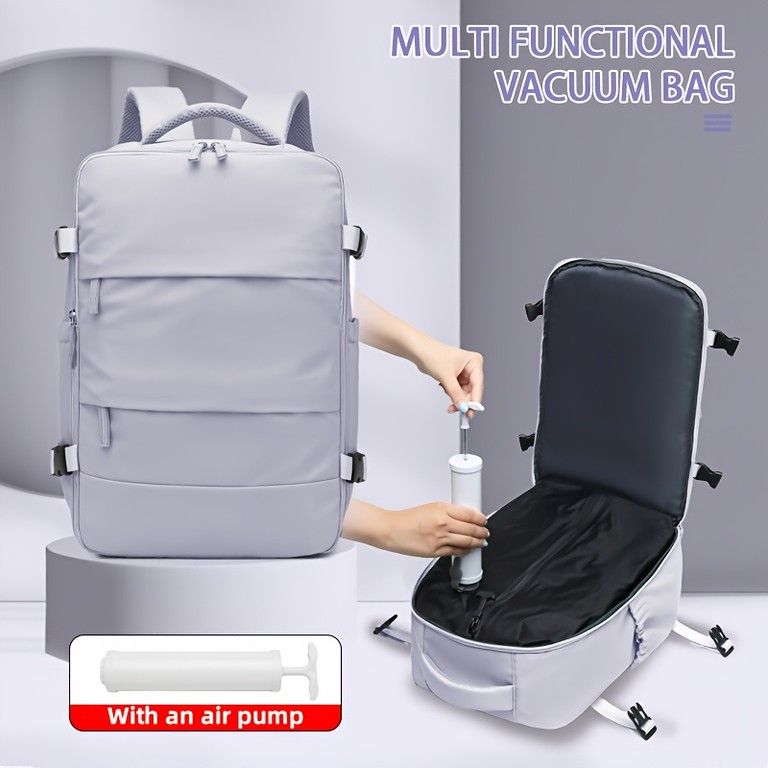 発送 真空圧縮 トラベルバックパック エアポンプ付属 17インチPC収納 超軽量ナイロン製 ビジネス出張 ジム 通勤に最適 グレーブルー エアポンプ × 1