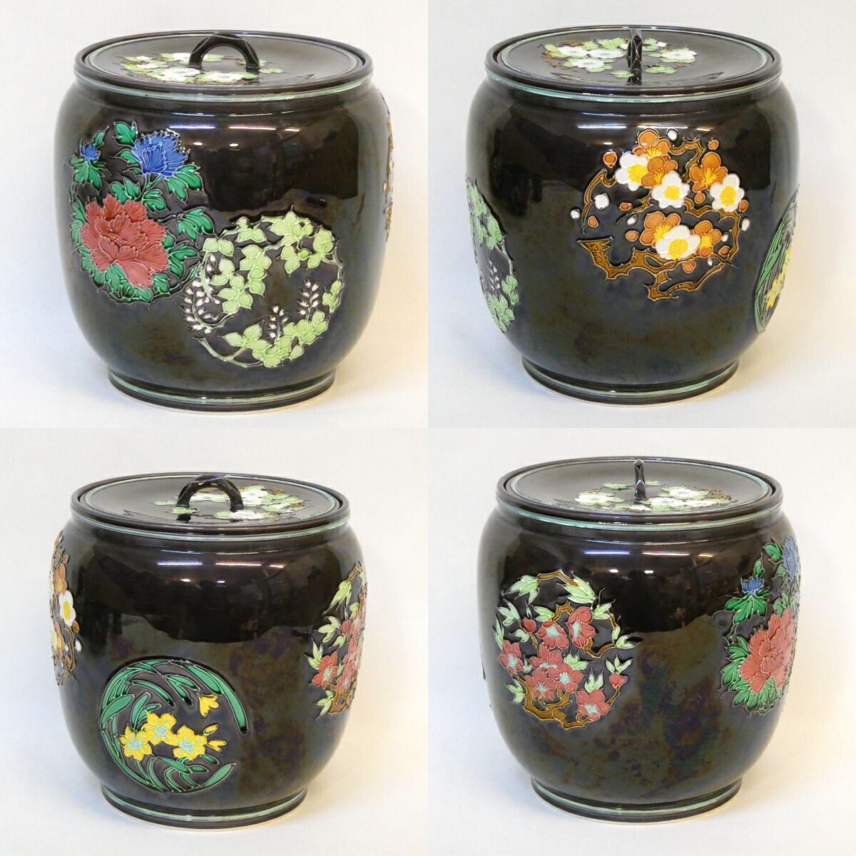 十月の特売品 平安 中村翠嵐 窯作 紫交趾 花丸 皆具 茶道具