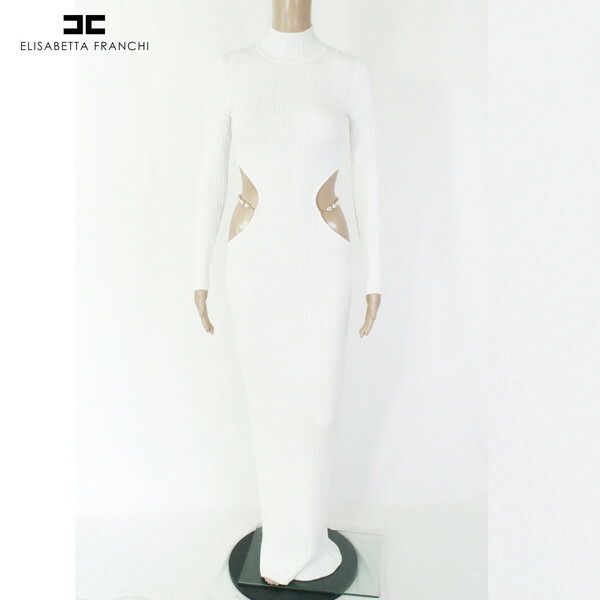80 OFF エリザベッタフランキ ELISABETTA FRANCHI ワンピース 40 EOP1691 S Mサイズ ホワイト レディース ロング丈ワンピース 長袖 細リブ編み ウエスト見せ