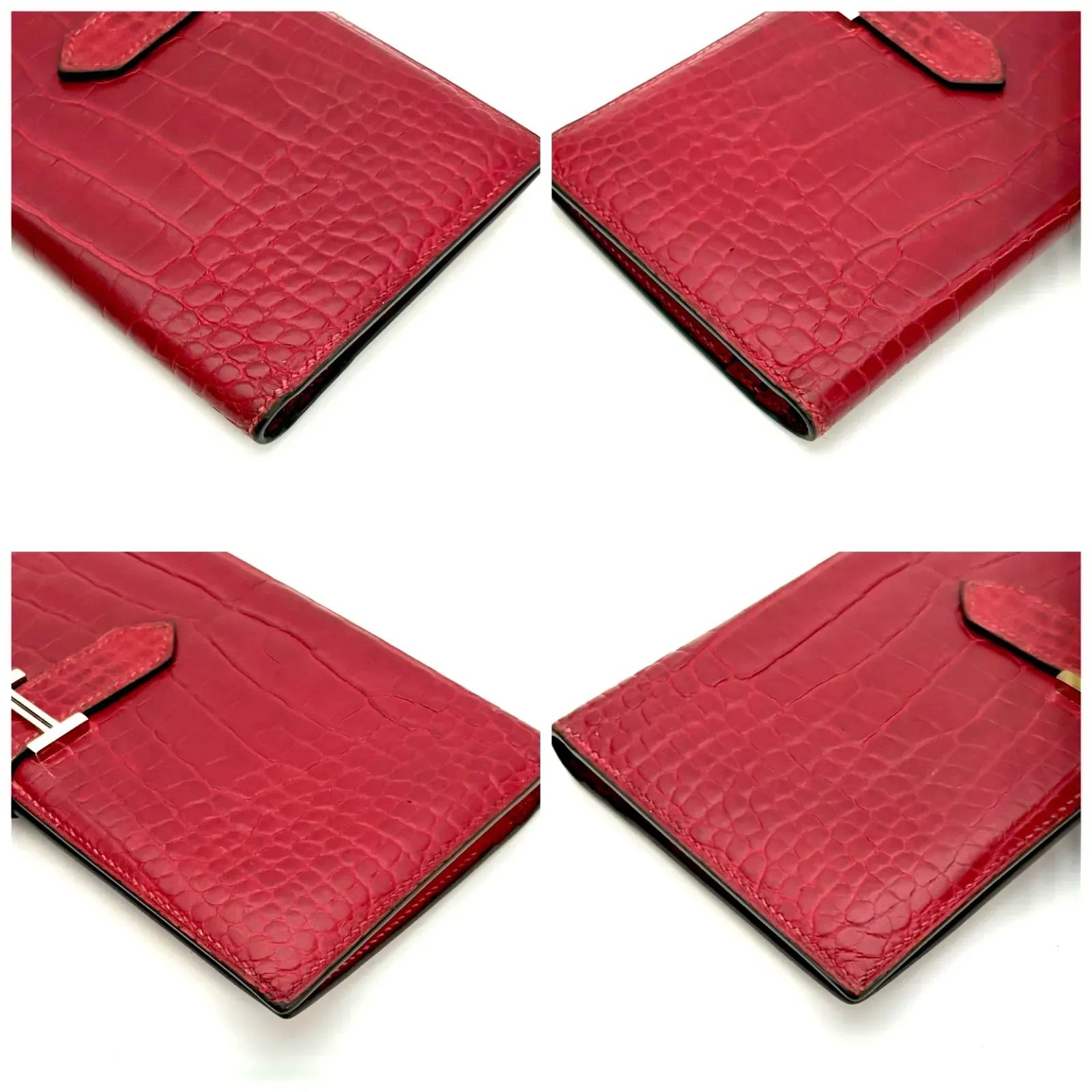 HERMES エルメス ベアン クロコダイルアリゲーター 長財布 レッド