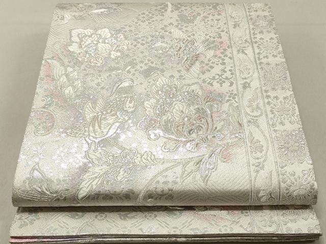 両面全通柄袋帯　ふくれ織　更紗花文　着物a 平和屋着物◎両面 六通柄袋帯 唐織 更紗花鳥文 銀糸 正絹 逸品