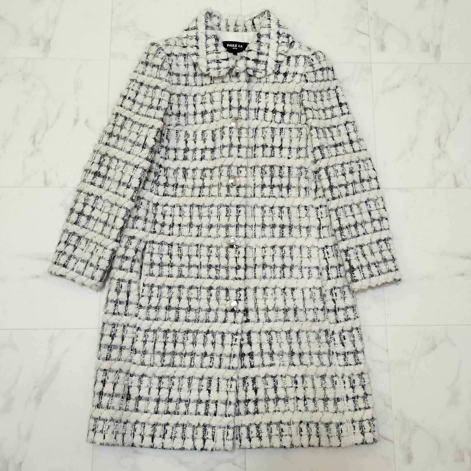 PAULE KA ポールカ ロングツイードコート シルバー釦 ポケット ラメ糸