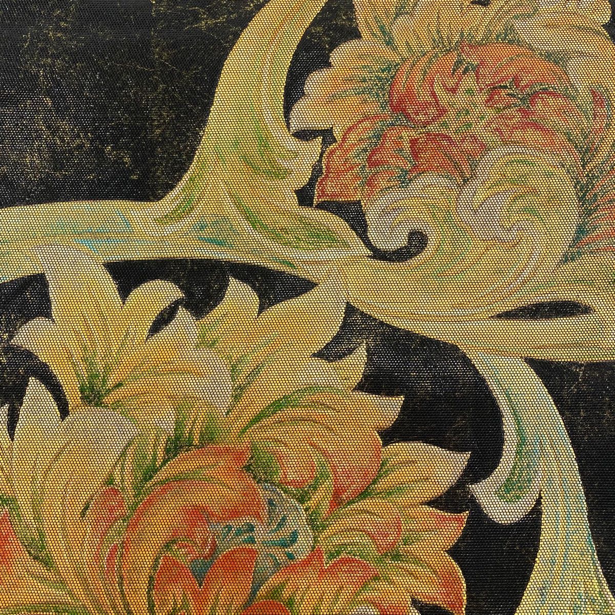 袋帯 美品 名品 川島織物 落款 草花 箔 黒 お太鼓柄 正絹 【中古 袋帯 美品 名品 川島織物 落款 草花 箔 黒 お太鼓柄 正絹 【中古