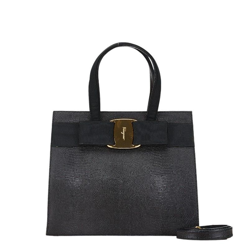 フェラガモ　2way　リザード型押し　ヴァラ　ショルダーバッグ　レザー　ブラック フェラガモ2wayリザード型押しヴァラショルダーバッグレザーブラック