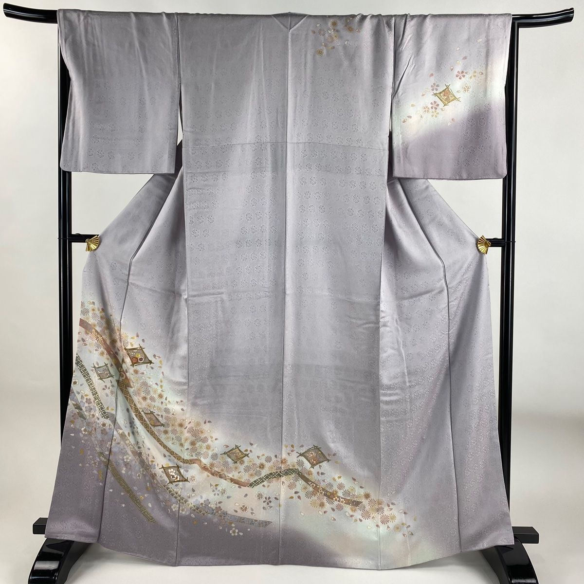 訪問着 身丈166cm 裄丈67cm M 袷 松竹梅 桜 刺繍 金彩 薄紫 正絹 秀品