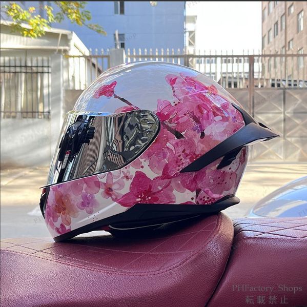 ヘルメット フルフェイスヘルメット バイク DOT承認 バイクヘルメット 耐久性 安全性 通気性 男女兼用 シールド色選択 おしゃれ 桜柄 ピンク A71 FFCRYSTALESIA_COM