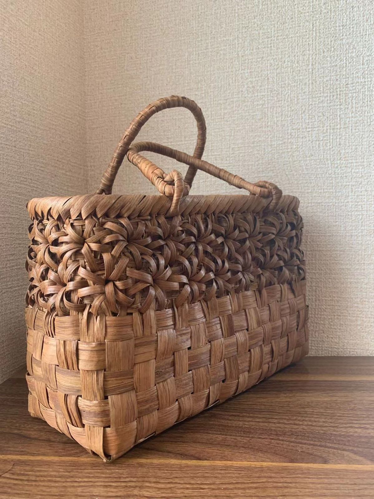山葡萄かごバッグ 手作り カゴバッグ 内布付き 市松編み 立体花編み DECORATOM_COM_BR
