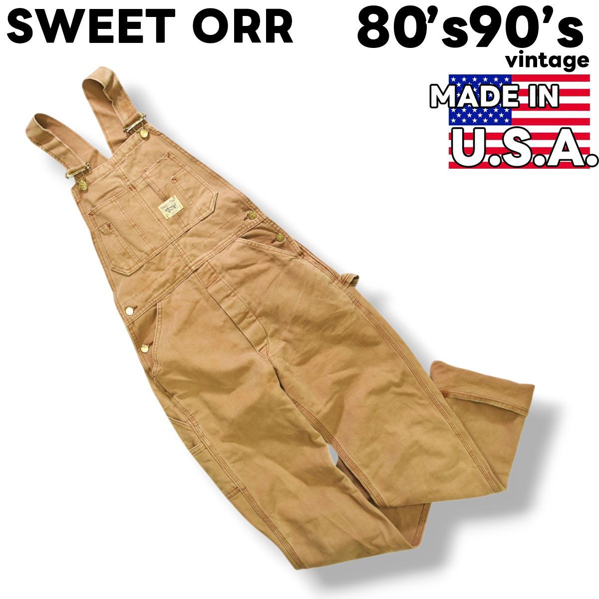 80s 90s ヴィンテージ スウィートオール SWEET ORR オーバーオール サロペット ダックコットン キャンバス ボタンフライ 28 x 34 タン アメリカン カジュアル ワーク ウェア メンズ