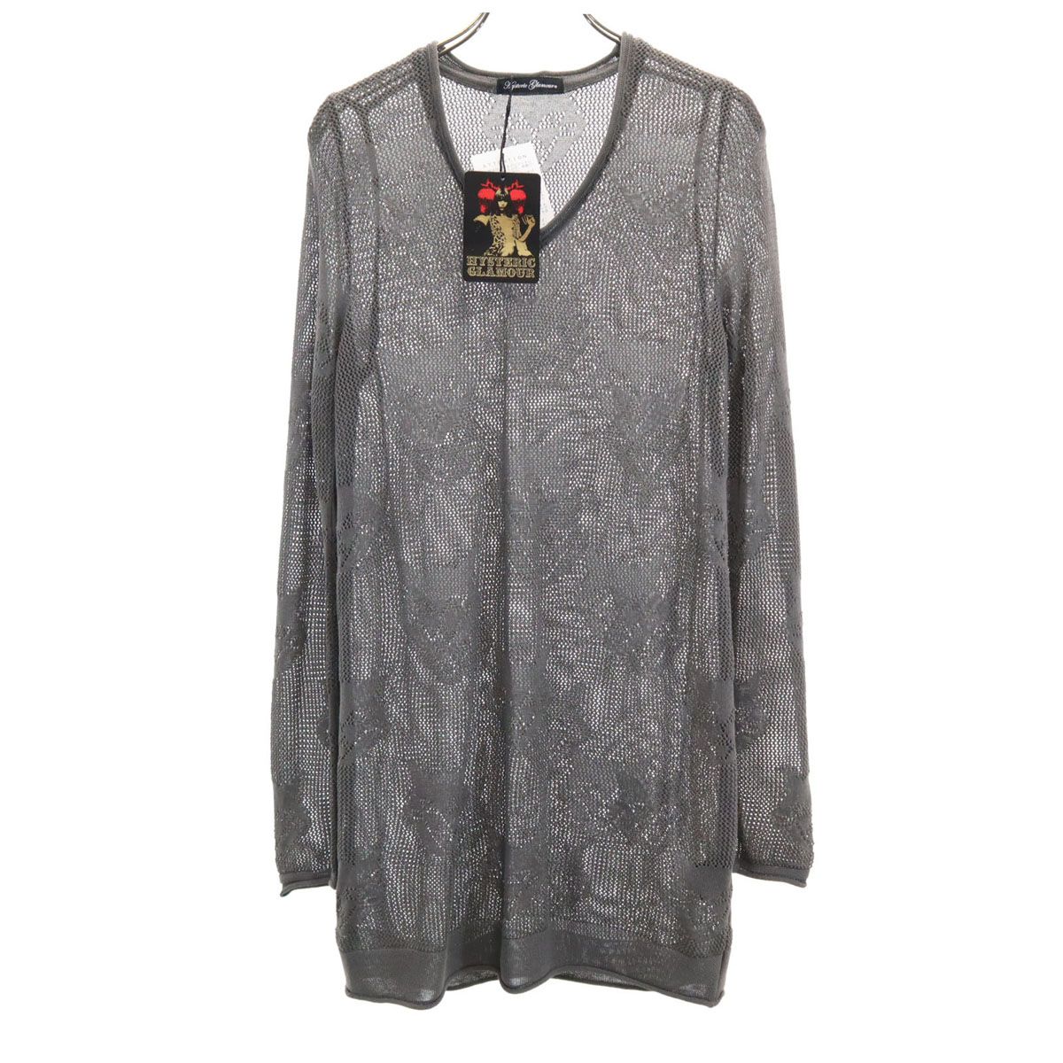 ♥ HYSTERIC GLAMOUR ヒステリックグラマー 日本製 長袖 猫 メッシュ編み チュニック グレー タグ付き ニット レディース 古着