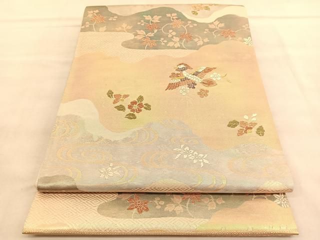 平和屋着物◎西陣 六通柄袋帯 花喰い鳥 金糸 証紙付き 正絹 逸品