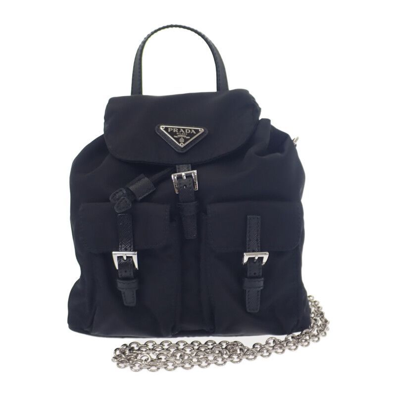 PRADA ミニバックパック 1BH029 ショルダーバッグ ナイロン サフィアーノ ブラック シルバー金具 レディース バッグ