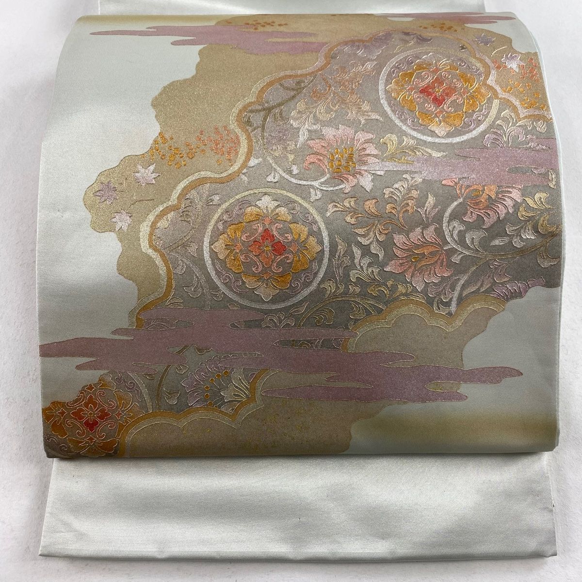 袋帯 名品 和田光正 落款 華文 霞 金銀彩 箔 灰緑 お太鼓柄 正絹