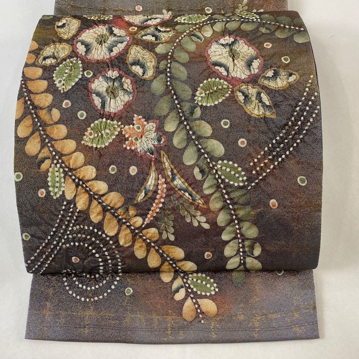 袋帯 秀品 落款 辻が花 金彩 灰茶 お太鼓柄 正絹