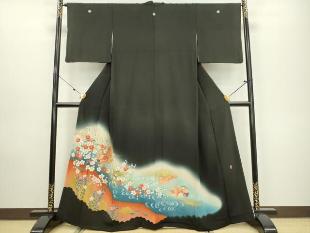 平和屋着物□豪華黒留袖 作家物 刺繍 流水鴛鴦枝梅文 暈