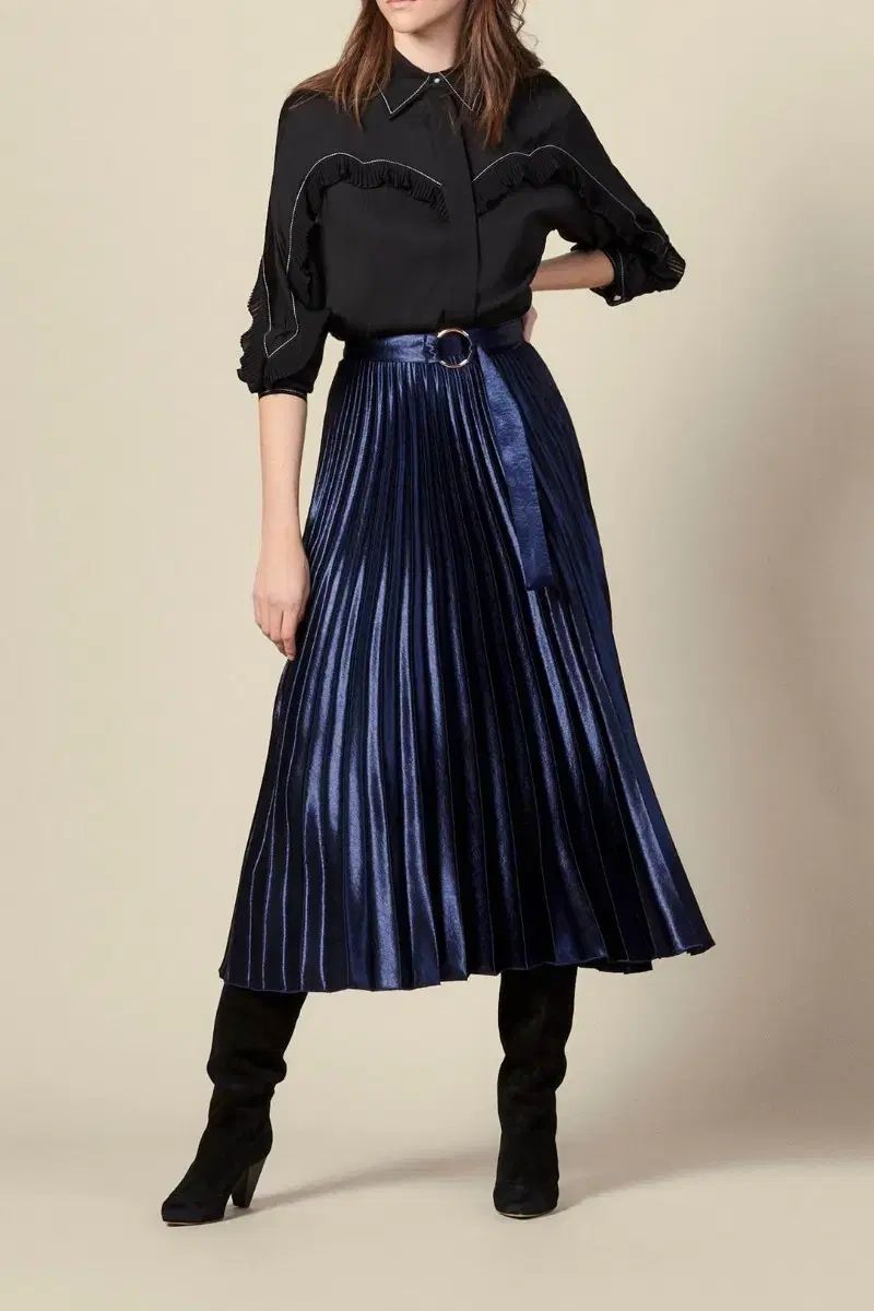 SANDRO サンドロ ネイビー サテン ロング丈スカート 0 サイズ