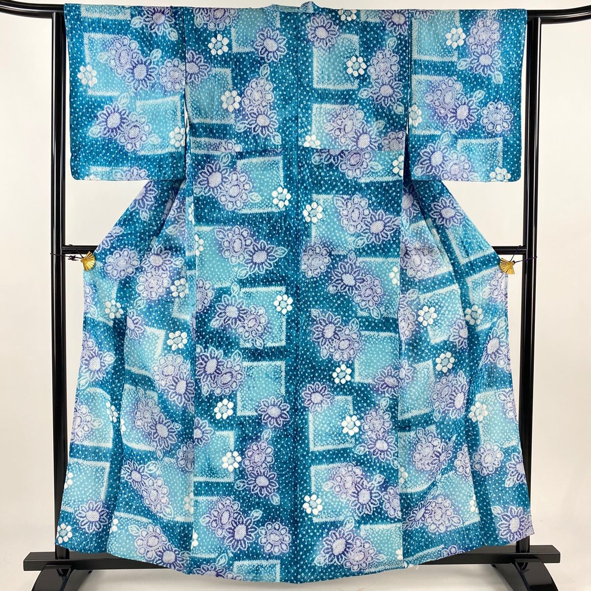 浴衣 身丈159.5cm 裄丈64.5cm M 絞り浴衣 草花 色紙 青緑 綿 名品