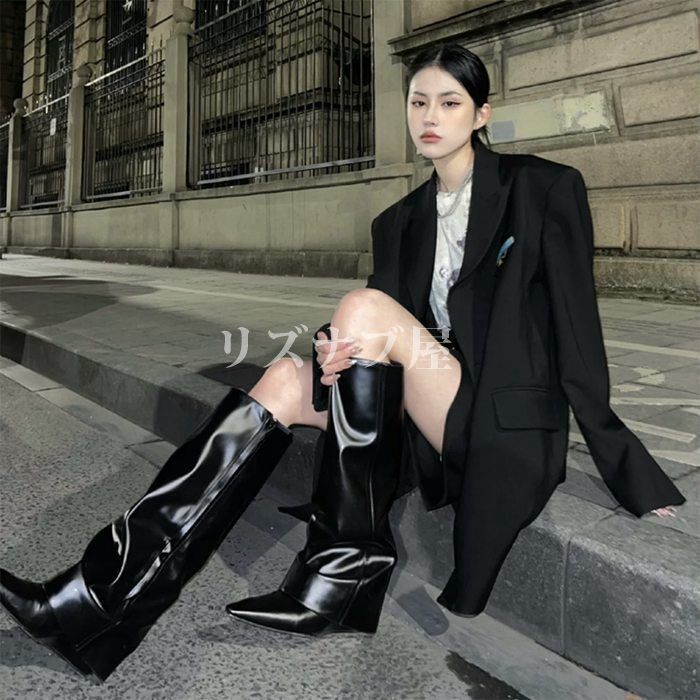 ブラックロングブーツ コスプレ靴 厚底 ロングブーツ 編み上げ