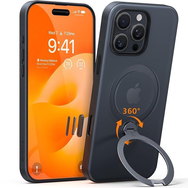米軍規格 360°回転吸着多機能一体 TORRAS iPhone 16 Pro 用 ケース カメラ操作カバー付き 縦横両対応 リング付き マグネット搭載 ワイヤレス充電対応 耐衝撃 防指紋 半透明 Ostand Q3 Spin ブラック