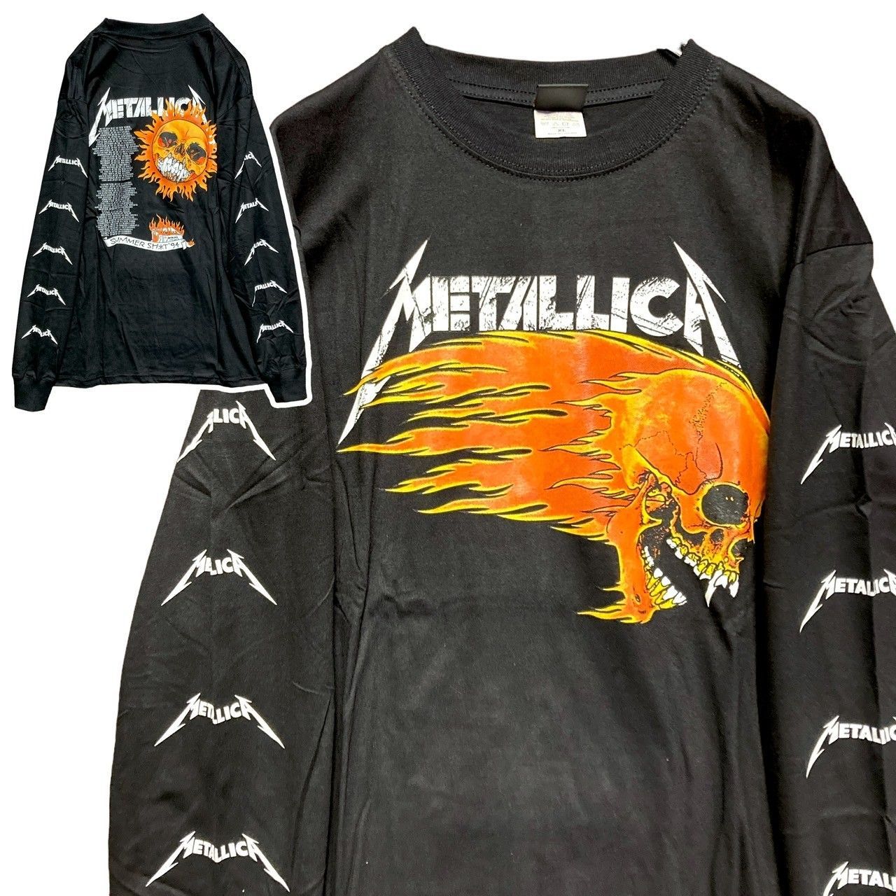 メタリカ METALLICA 黒 長袖 Tシャツ ロンT バンド ロングスリーブ デザイン 袖 両面 プリント 派手 奇抜 古着 ビンテージ vintage ロック パンク メタル ヒップホップ ラッパー アーティスト 7部袖 カットソー