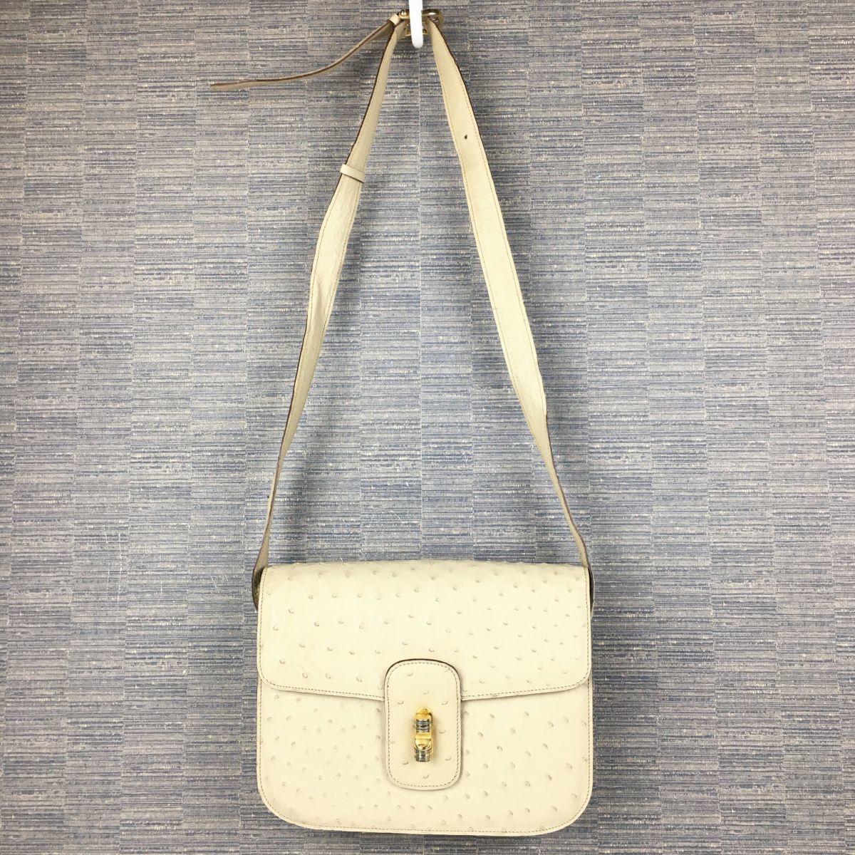 オーストリッチ/本革 Fourana ショルダーバッグ ベージュ 3箇所収納 管 