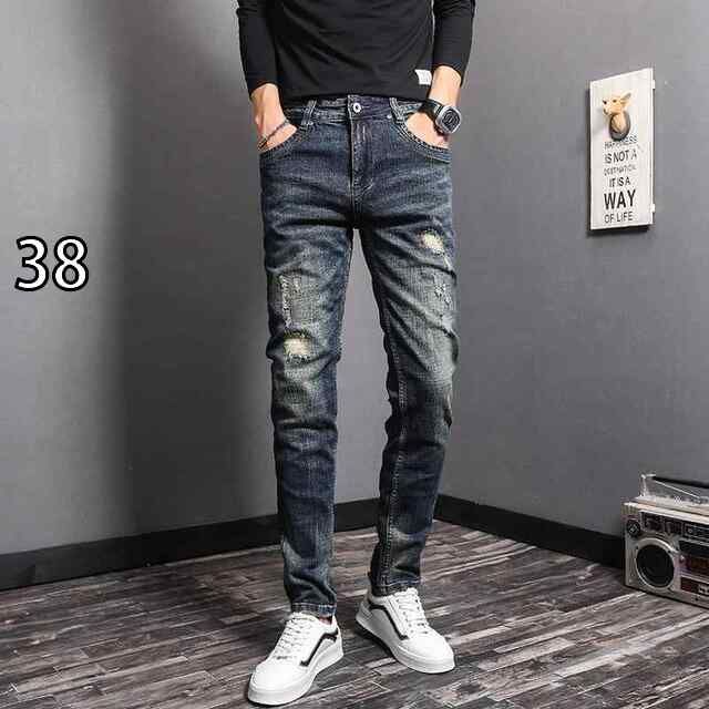 38 メンズ ファッション 服 オシャレ シンプル 大 かっこいい 大きいサイズ ストリート 紳士服 春 秋 レトロ ブルー ウォッシュ加工 ジーンズ スリムフィット パッチ ロング パンツ