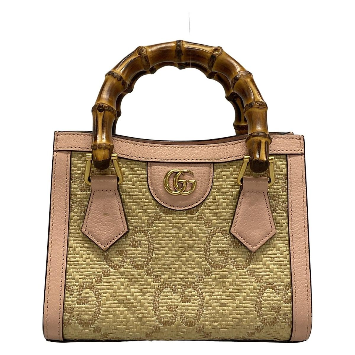 グッチ トートバッグ ダイアナ ミニ トートバッグ GG柄 702732 ベージュ×ピンク ラフィアエフェクト JAPAN EXCLUSIVE 日本 レザー