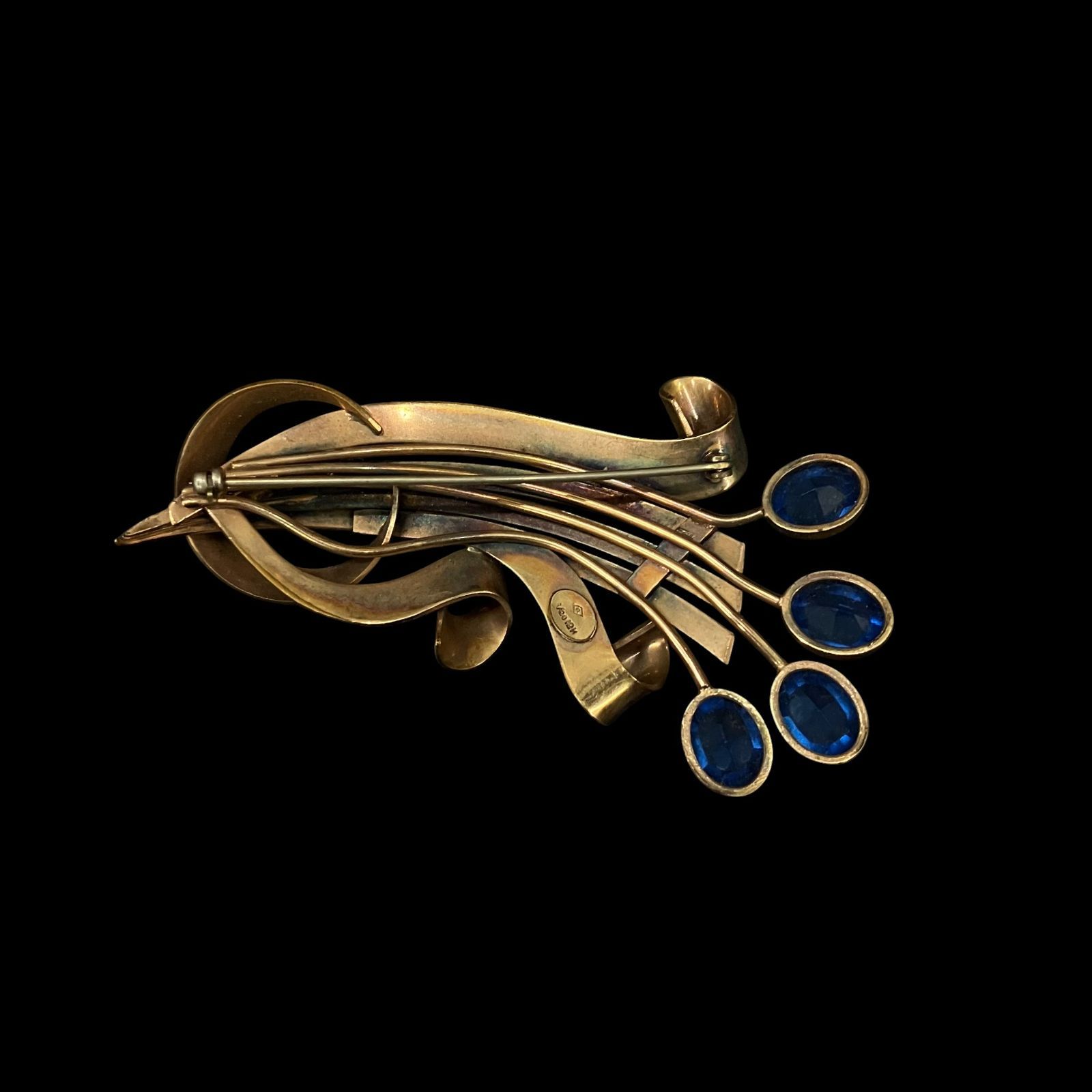 ヴィンテージ ブルーストーン装飾 ブローチ 12K ゴールドフィルド 刻印あり アールデコ調