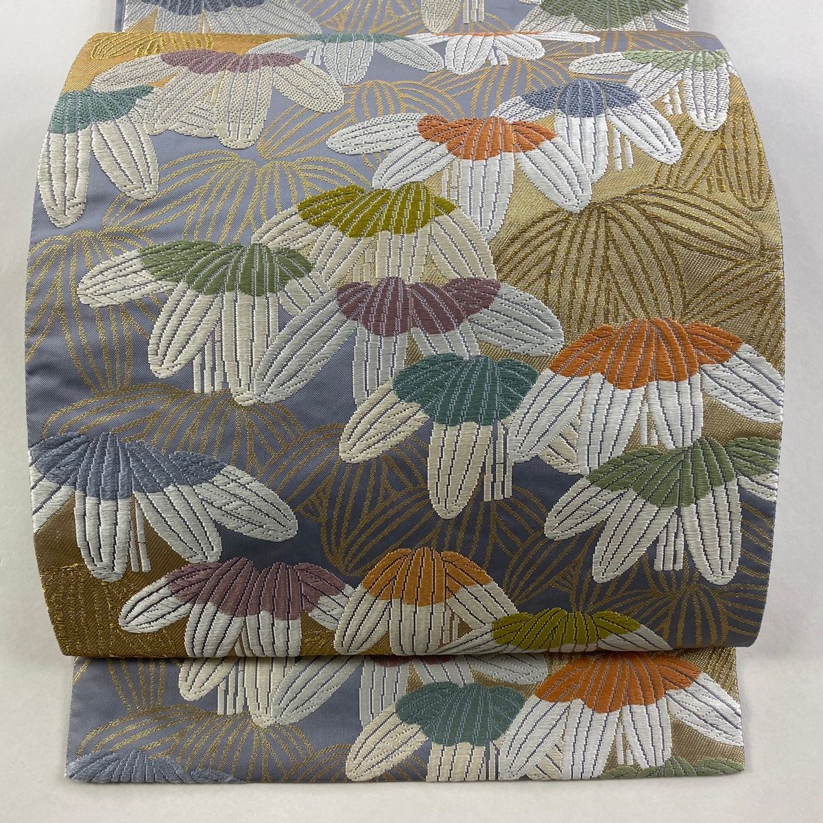 袋帯 秀品 笹 金糸 箔 青灰色 六通 正絹