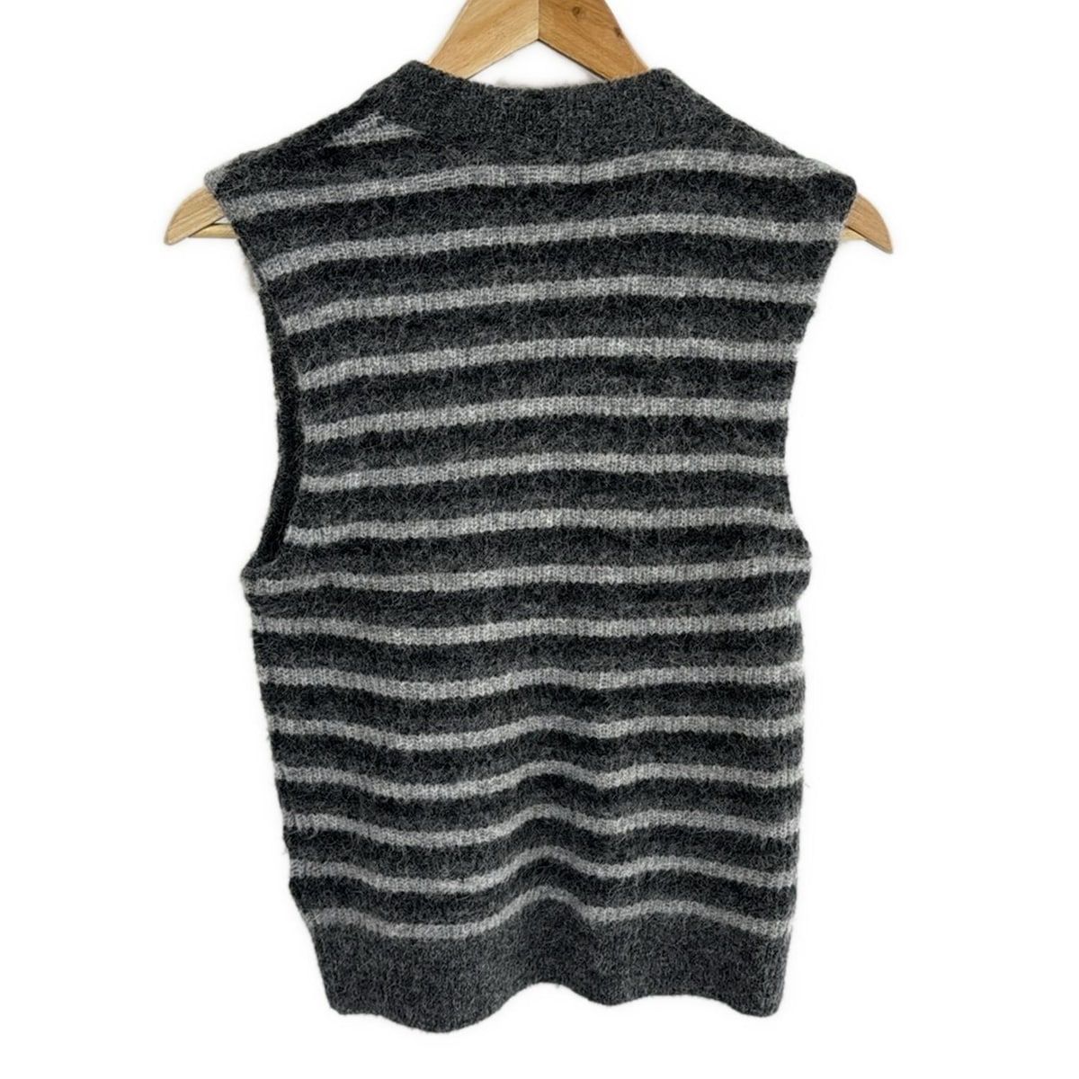 GANNI ガニー ノースリーブセーター サイズS レディース - ダークグレー×ライトグレー クルーネック ボーダー ビジュー