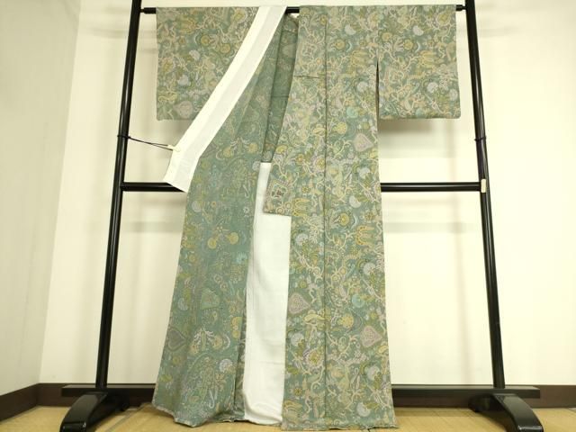 平和屋着物▽上質な小紋 単衣 更紗花文 鬼しぼ縮緬 反端付き 正絹 逸品