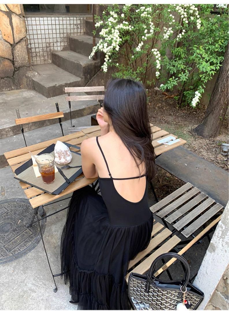 韓国風ハイウエストロングワンピースレースキャミソールメッシュチュールドレス