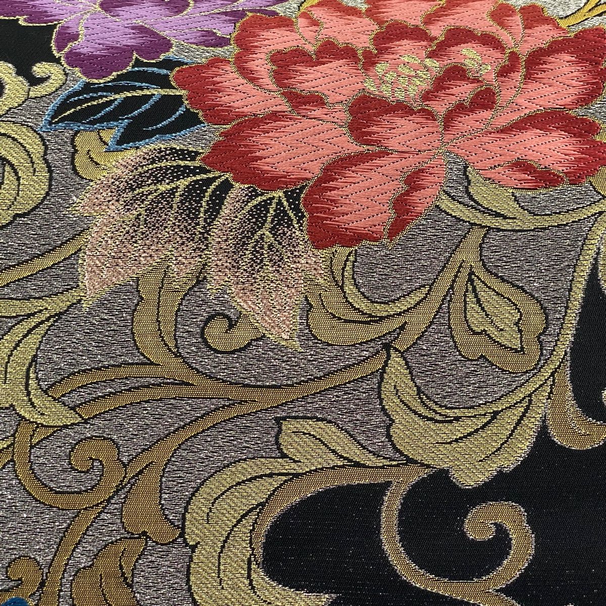 袋帯 秀品 牡丹 蝶 唐織 箔 黒 六通 正絹