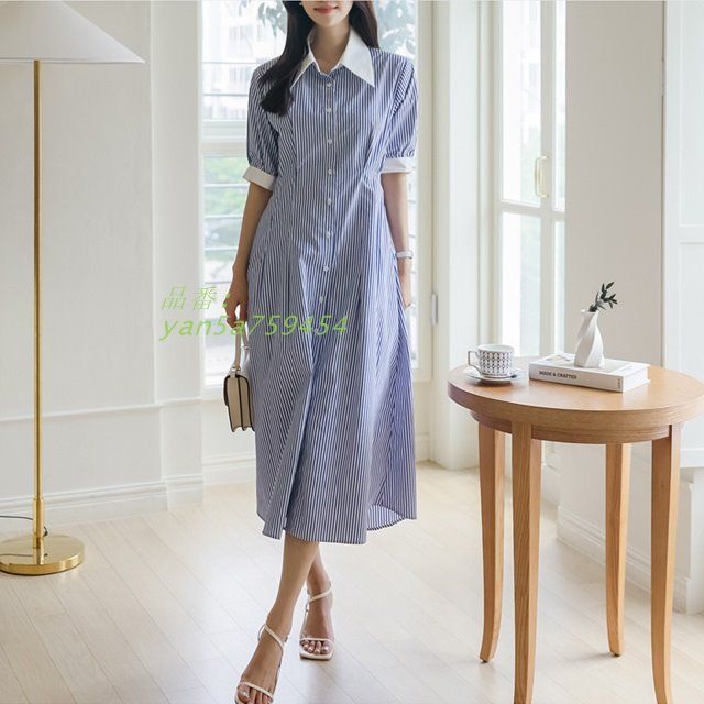 シャツワンピース ストライプ シャツワンピース 半袖 五分袖 カジュアル ロングシャツ カジュアル ワンピース 夏 春 おしゃれ レディース きれいめ 春 yan5a759454