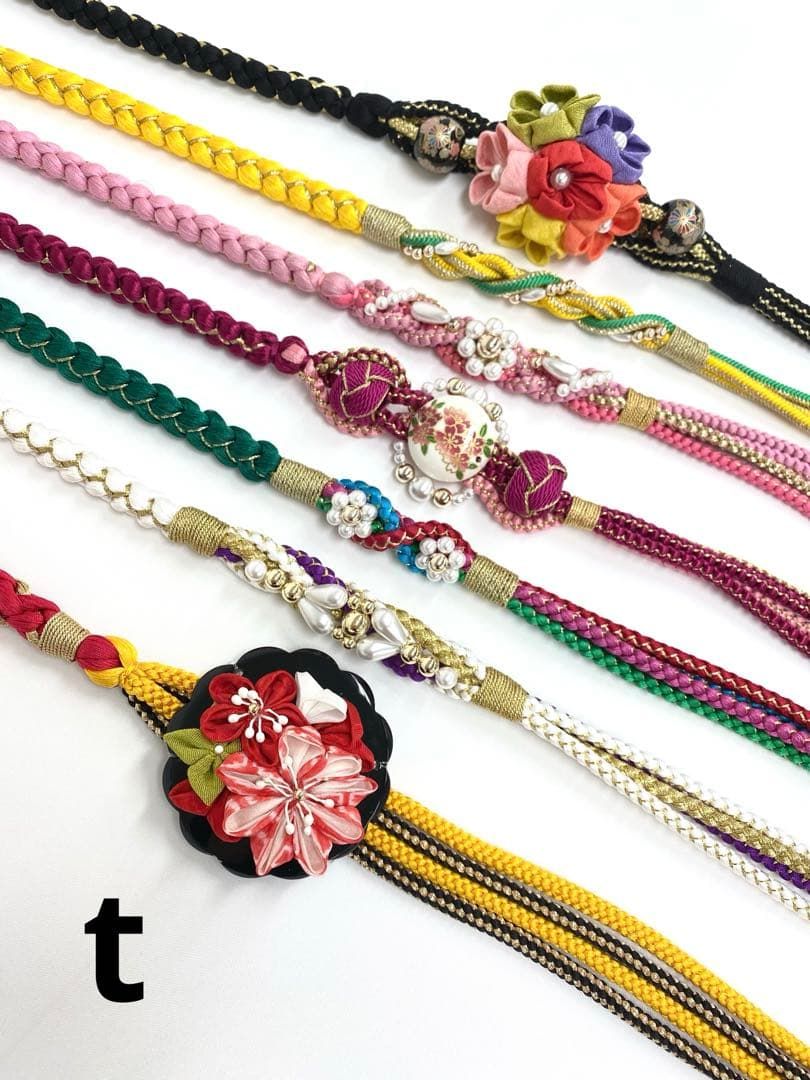 振袖用帯締め 飾り付き ちりめん細工 つまみ細工 7本おまとめ 正絹