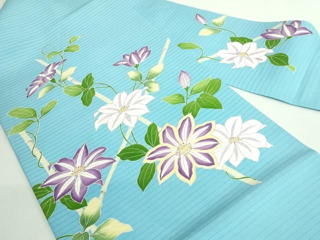 平和屋本店■極上　夏物　絽塩瀬　九寸名古屋帯　鉄仙花　水色地　銀彩　逸品　DZAB0490kh5 平和屋本店□極上 夏物 絽塩瀬 九寸名古屋帯 鉄仙花 水色地 銀彩 逸品