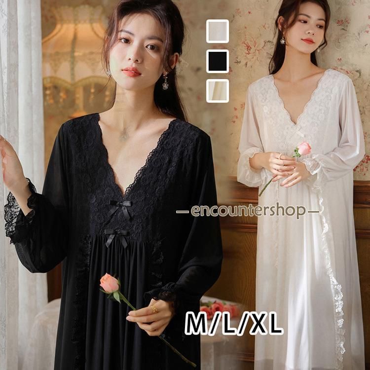 春新作 レディース フリル チュール 姫系 ネグリジェ 寝巻き 長袖 ロング丈 レース ルームワンピース パジャマ ナイトウエア ホワイト