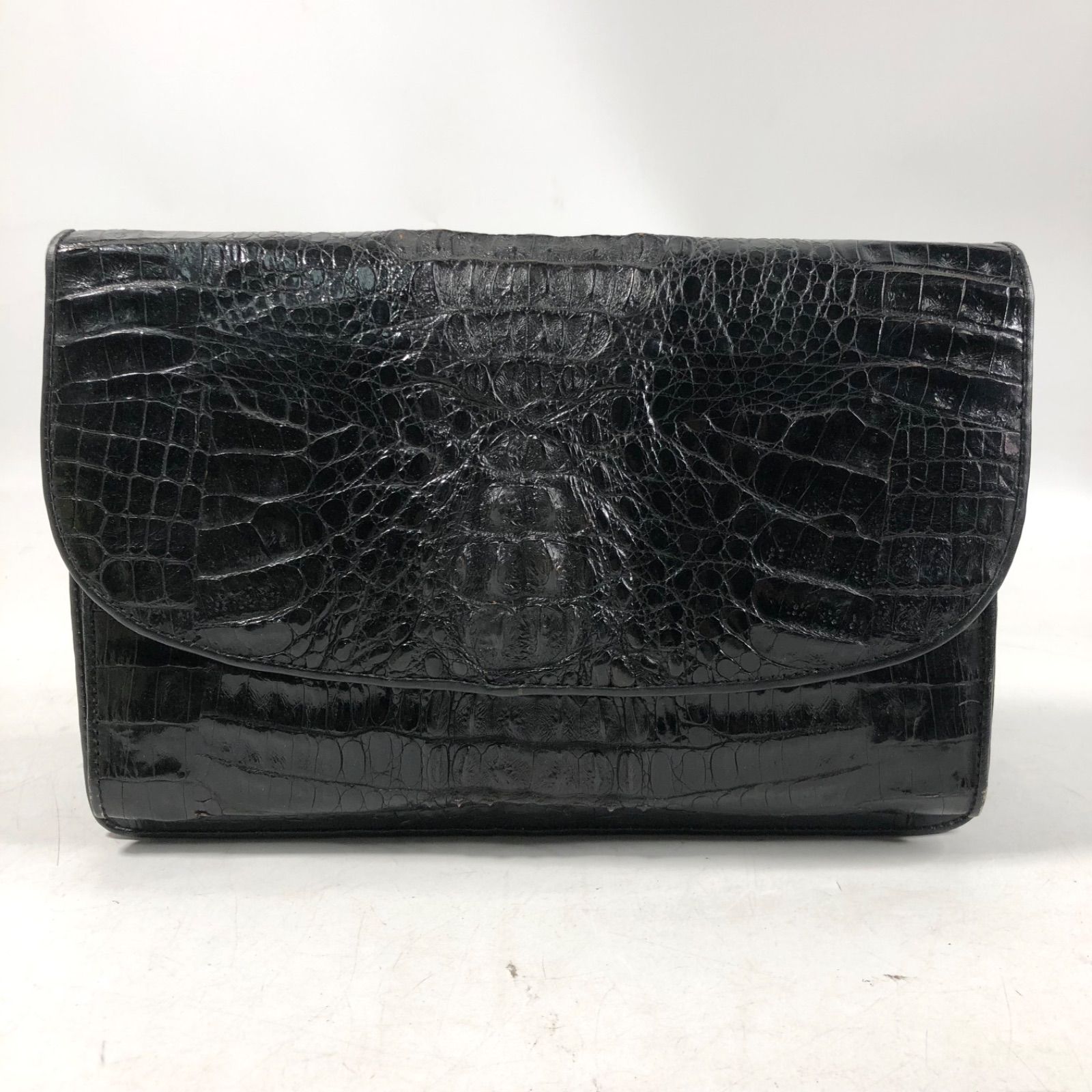 A0918-27-8 レザ-バック クロコダイル ワニ革 革 クラッチ バック 黒 ブラック カバン H18 W28 D10