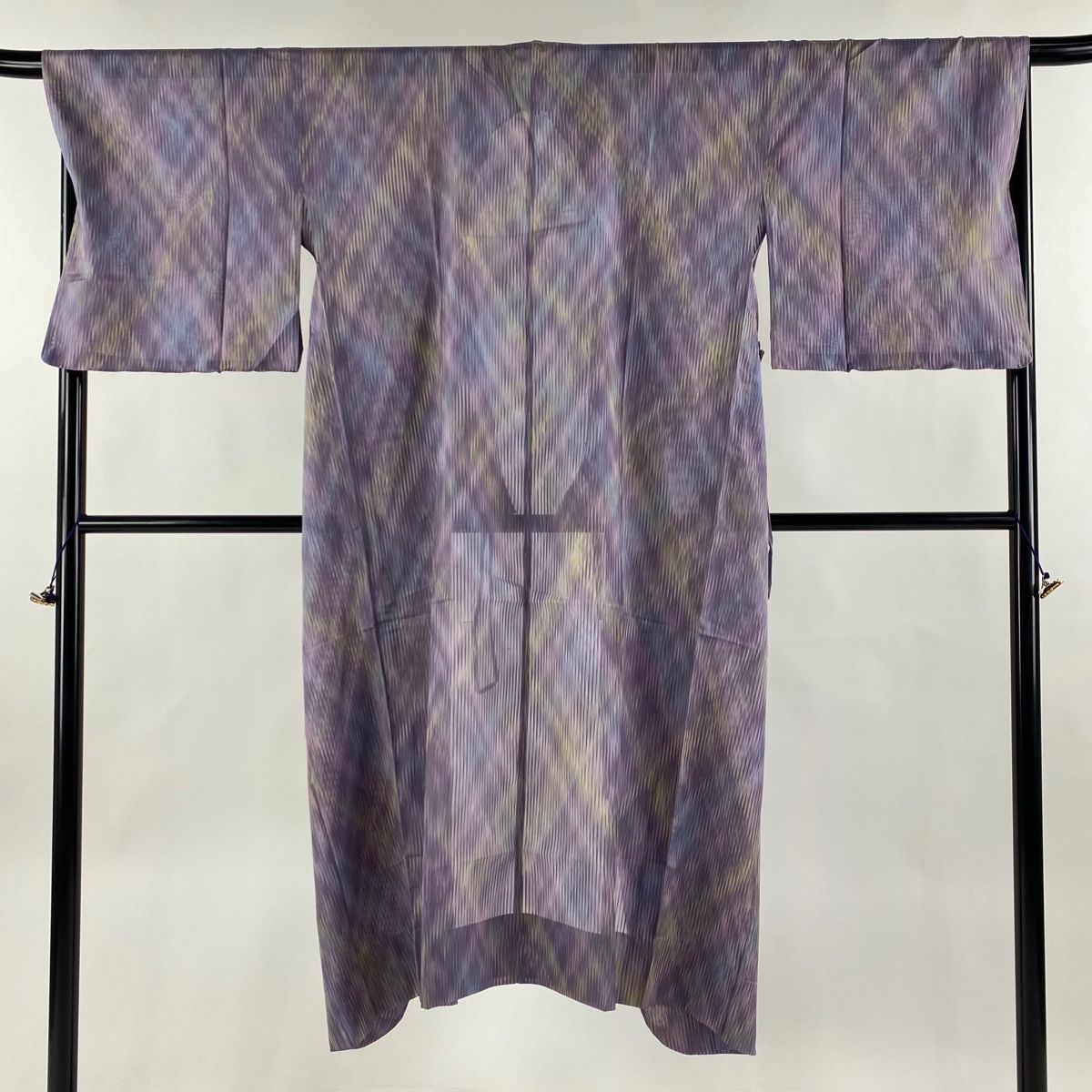 道中着 身丈131cm 裄丈68cm L 和装コート 着物衿 斜め格子 紫 正絹 美  