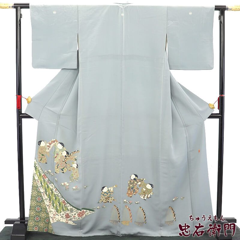色留袖 三つ紋 丸に根笹 袷 レディース 正絹 灰水色 童子 楽器 落款 身丈171cm 裄丈66cm 結婚式 式典 M～Lサイズ相当 リサイクル着物 リユース着物 着物 送料無料 即日発送